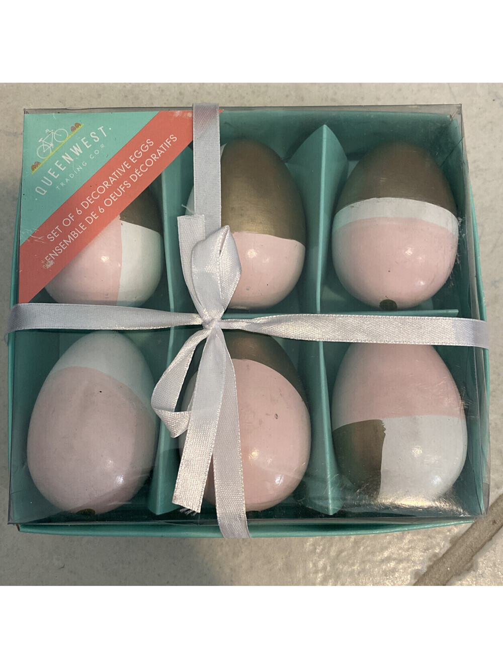Queenwest Trading Co Set Of 6 Decorative Eggs Easter White Pink Gold Wooden BNIB